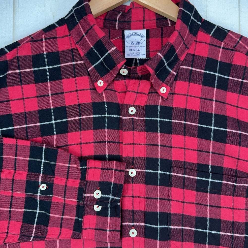 Brooks Bros Flannel Shirt Mens Large Red Black Plaid Button Down Brooks Brothers